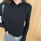 Hooded Solid Color Long-Sleeved T-Shirt Women's Early Autumn New Style Design Slim And Thin