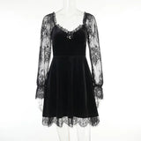 Dark Dress Lace Stitching Shows Chest Long-Sleeved Lotus Leaf Edge Waist Shows Thin Casual