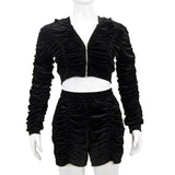 and Autumn Women's Clothing V-neck Drawstring Zipper Sweater Ruffle Hip Navel Shorts