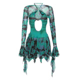 Women Summer Y2K 2Pcs Sleeveless Tie-Dye Print Cutout Backless Ruffled Party Mini Dress + Long Flare Sleeve Shrug