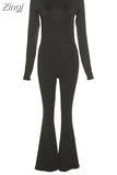 Summer Y2K Solid Black Basic Bodysuit for Women Fashion Long Sleeves Halter Backless Flare Pants Simple Casual