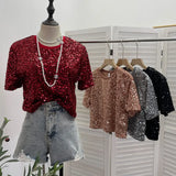 Lidg Short-Sleeved T-Shirt Woman 2025 Spring Dresses Loose Lime Bling Blouse