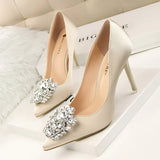 Zingj Korean Version Of Water Diamond Women's Shoes Thin Heel High Heel Sexy Show Thin Shallow Mouth Pointed Shiny Water Diamond With Buckle Single