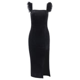 Knitted Square Collar Wool Suspender Forked Dress 2023 Spring Women's Fashion Sexy Slim