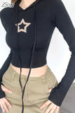 Harajuku Knitted Star Patches Hooded T-shirts for Women Skinny Crop Top Casual Basic Autumn Tee Shirts Korean