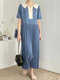 Women's Knitted Dresses 2024 Korean Fashion Short Sleeve Lapel Ladies Casual Loose Vintage Knitting Long Dress