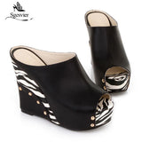 Sgesvier 2022 Black White Stripe Summer Style Sexy Sandals Women's Wedges Slippers High Platform Heels for Shoes Woman