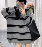 Zingj Autumn Winter New Style Restore Ancient Ways Temperament Loose V Collar Wool Edge Fringe Stripe Languid Lazy Wind Set Sweater