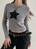 Grunge Gothic Star Patched Knit Sweater Women Tops Jumper Harajuku Vintage Autumn Pullover Cute Preppy Style
