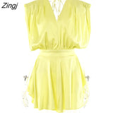 Deep V Neck Satin Dresses Women 2023 Spring Sexy Sleeveless Elegant Blue Robe Solid Backless Bodycon Mini Dress