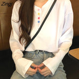 Sleeve T-shirts Women Solid Single-breasted Loose Preppy-style Tees Students All-match Leisure Trendy Korean V-neck