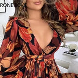 Women Chic Deep V Neck All Over Print Long Lantern Sleeves Ruffles Hem Sexy Chiffon