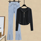 Zingj Slim Hot Girl Top With A Two-Piece Set With Slit Jeans-Outfit