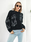 Autumn Fashion Women Knitted Sweater Y2k Retro Cat Jacquard Pullover Female Long Sleeve Cartoon Anime Loose Jumpers