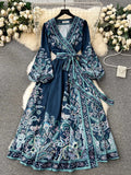 Early Spring New French High-End Style One-Piece Lace-Up Waist Printed Dress Women's Light Extravagant And Elegant
