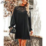 Black Lace Trumpet Sleeve Mini Dress For Women Sexy Loose Party Shift Dress 2023 Spring Autumn Female A-line