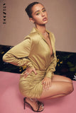 Elegant Green Satin Deep V Long Sleeve Shirt Dress for Women 2022 New Folds Mini Dress Party Office Lady Clothes