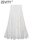 Women Fashion Hollow Out Embroidery Casual White A Line Skirt Faldas Mujer Female Side Zipper Chic Midi Vestidos