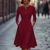 Elegant Stuff Spring And Autumn Long-Sleeved Belt Dress