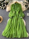 Light Ripe Wind Collar Pleated Lantern Long Sleeved Waist Dress Feminine French Large Pendulum Chiffon