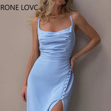 Women Solid Satin Button Decor High Slit Evening Dress Summer Dress Bodycon