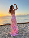Zingj V Neck Colorful Ruffles Sling Dress Women Backless Sleeveless Slim Floor Length Robes 2024 Lady Beach Holiday Vestidos 211-0-Outfit