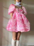Square Neck Pleated A-Line Dress Spring Summer Short Sleeve Loose Floral Print Dress Women Elegant Puff Sleeve Party Dress 211-1-Outfit