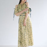 Japanese New Style Two Wear Women Vestidos 2022 Spring Robes Off Shoulder Drawstring Slim Waist Print Pleated