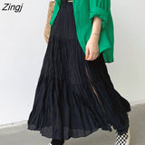 Women Loose Casual Simple Side-slit Folds High Waist Summer Thin Sexy Ladies Clothes Daily Harajuku Elegant Midi