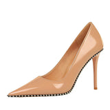 Zingj Sexy Super High Heel Retro Metal Chain Riveted Painted Leather Shallow Pointed High Heels Women's Singles