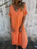 New Leisure Spring And Summer Loose Skirt Short-Sleeved V-Neck Solid Cotton