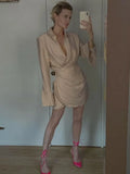 Padded Shoulder Shirt Dress Elegant Fashion Casual Cover Finger Long Sleeve Folds Party Evening Mini Dresses for Women