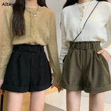 Shorts Women Retro High Waist Casual Wide Leg Fashion Solid All-match Ladies Ulzzang Simple Loose Streetwear