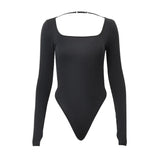 Zingj Women's Autumn New Spice Girl Open Back Strap Square Collar Slim Fashion Long Sleeve Onesie