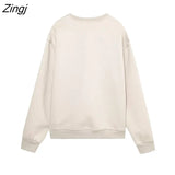 Women Fashion Front Character Print Loose Fleece Sweatshirts Female Long Sleeve Retro Hoodies Chic Pullovers Tops