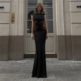Black Mesh Spliced Design Short Sleeve Maxi Dress- Outfit