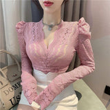 V-Neck Lace Basic Shirts Women Korean Blouse Female Casual Long Sleeve Slim Elegant Sexy Tops Lady 2021 Spring