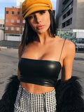 PU Leather Soild Camisole Femme Slash Neck Ladies Streetwear Crop Top Chic Ring Straps Bodycon Black Skinny Camis