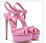 Black PU Large Size Round Head Fashion Sandals Thin High Heels Waterproof Platform Banquet