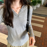 Basic Style Threaded Hooded Top Women's Autumn And Winter New Slim Short-Sleeved
