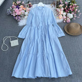 Zingj Temperament Aging Solid Color Simple Dress Autumn Dress Korean Version Fashion Bubble Long Sleeves Show Thin Button Long Skirt