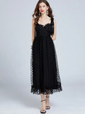 Black Long Dress Summer Women Mesh Tulle Polka Dots Lace Party Dresses Ladies Slim A-line Vintage Maxi Dress