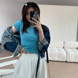 Cotton Shoulder Short-Sleeved T-Shirt Women's Ins Tide Brand Round Collar Folded And Bottomed T-Shirt Slim To Show A Thin White