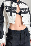 Streetwear Letter Buttons Patchwork Racing Jacket Female Autumn Coat Cropped Contrast Buckle Moto & Biker Jackets