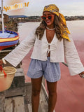 Fashion Solid Lace Up Loose T Shirt Women Elegant V Neck Long Flare Sleeve Tops Spring Female Commute Street Chic