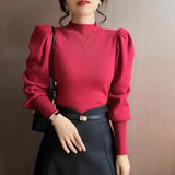 Zingj Korean Version Semi-High Round Collar Design Bubble Sleeve Knitted Sweater Autumn And Winter New Foreign Style Pullover Women's