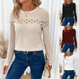 Zingj Hot Style Autumn Solid Color Lace Stitching Round Collar Women Long Sleeved T Shirt