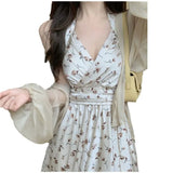 Zingj Size Fat MM Show Thin Hot Girl Summer Hanging Neck Type Broken Flowers In The Long Skirt Fairy Temperament French Accept Waist Dress-Outfit