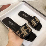 Zingj Women's Slippers With Square Head Of Water Drill Wear Large-Size Flat-Soled Women's Shoes Of 2023 Spring And Summer.