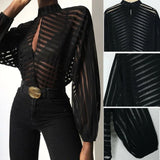 Black Women Mesh Sheer Blouses Ladies Long Sleeve Striped Front Hollow Out Transparent Shirts Blusas Mujer